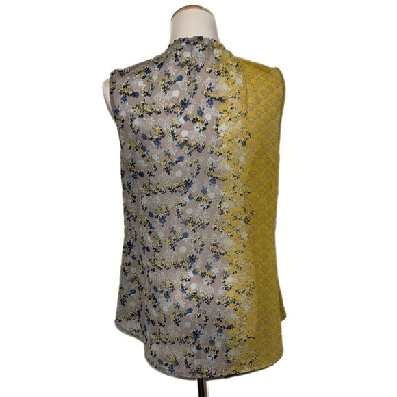 CaBi  Offsides floral Blouse Yellow Blue, Button Up, Sleeveless, Sheer - Picture 5 of 10